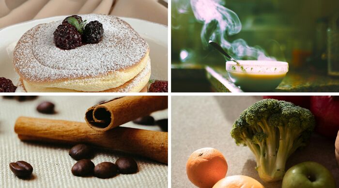 Assorted food items including pancakes, steaming bowl, cinnamon sticks with coffee beans, and fresh vegetables in choose one lose the rest poll