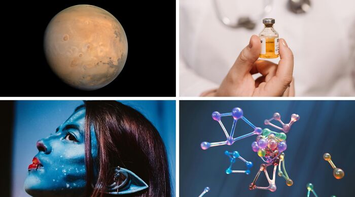 Collage of Mars planet, vaccine vial, person with blue alien makeup, and colorful molecular structures for Choose One poll.