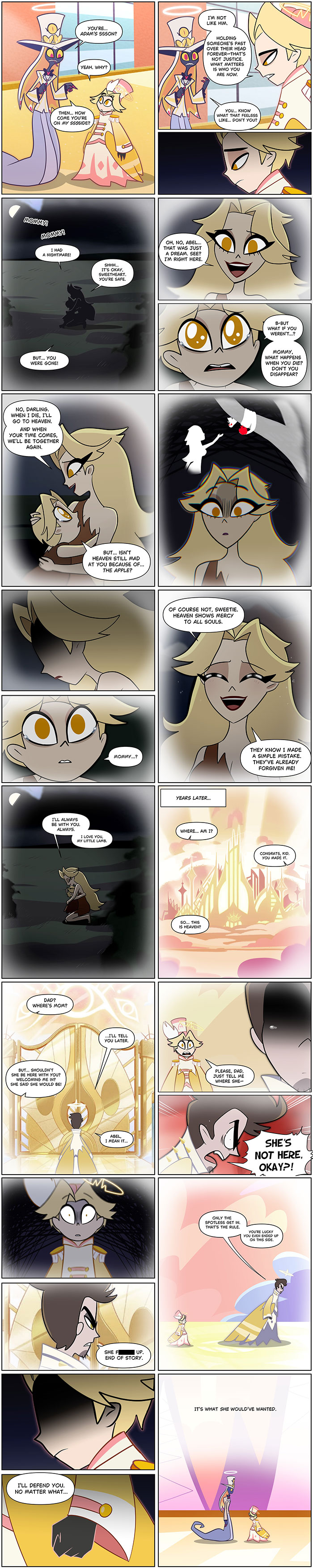 Comic panels from new Hazbin Hotel fanfics in comic form showing emotional scenes with main characters exploring deeper storylines.