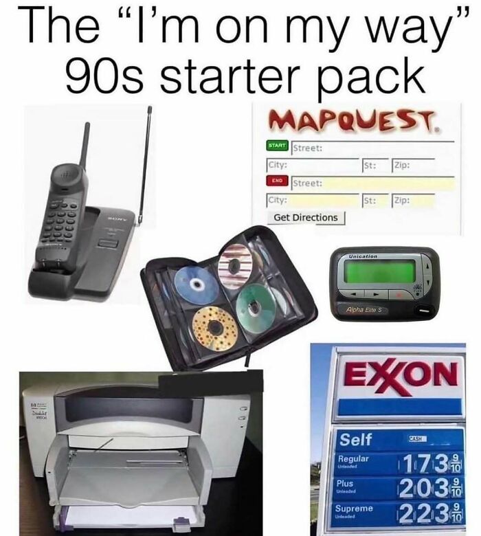 90s memes nostalgia featuring vintage tech like a pager, MapQuest directions, CDs, cordless phone, printer, and gas prices.