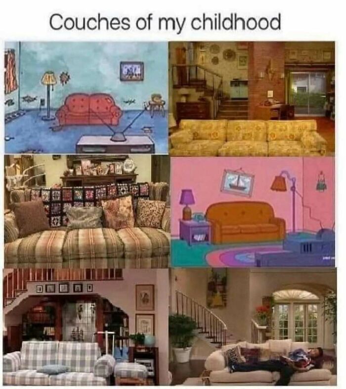 Collage of iconic 90s couches from popular TV shows and cartoons representing 90s nostalgia memes.