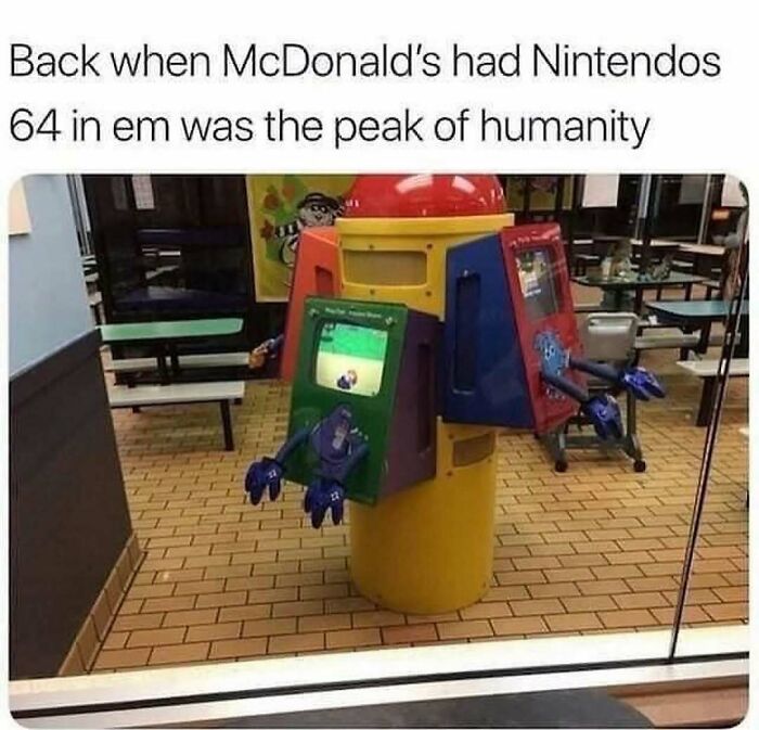 Retro McDonald's play area featuring Nintendo 64 consoles, highlighting 90s memes and nostalgic gaming culture.