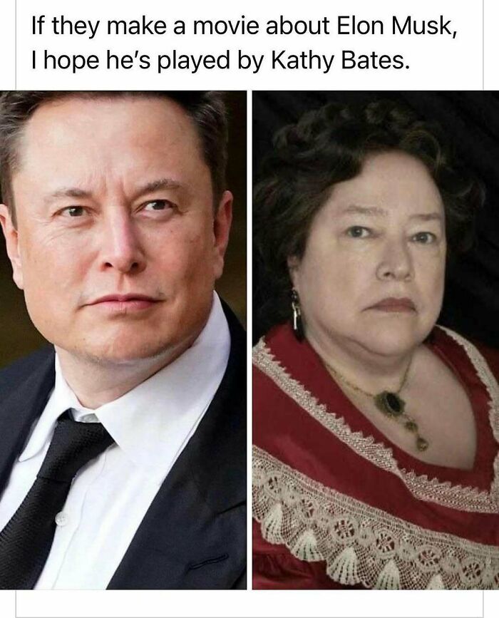 Elon Musk and Kathy Bates side by side in a humorous meme from 90s nostalgia-themed content.
