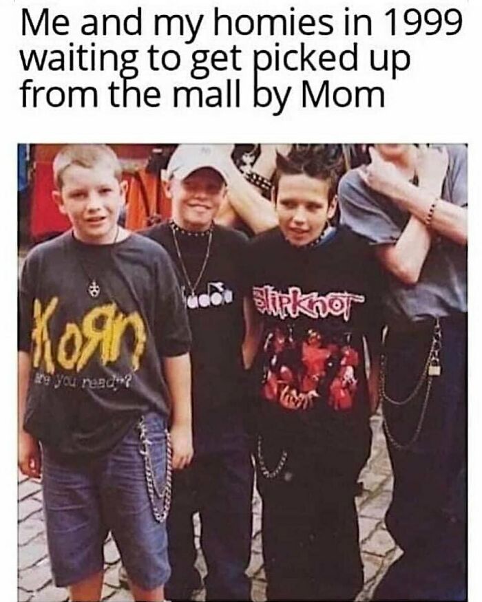 Group of kids in ’90s band shirts posing outside, capturing authentic 90s memes and nostalgia vibes.