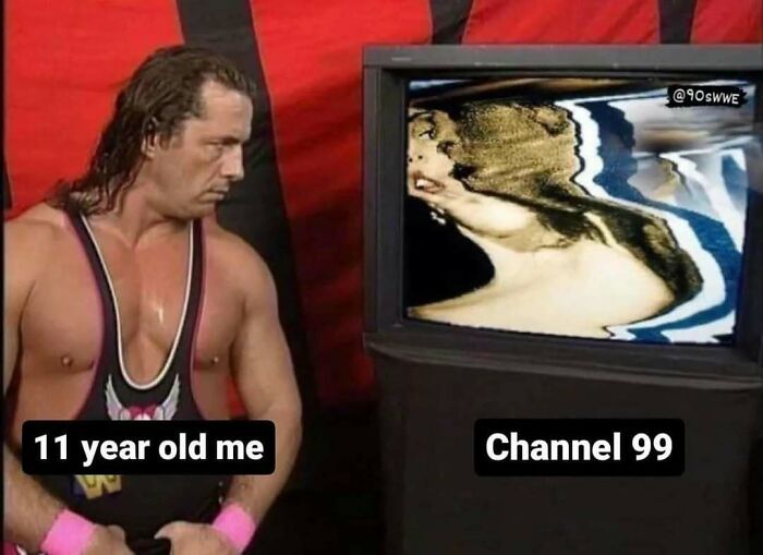 Wrestler watching distorted vintage TV screen, a classic ’90s meme capturing nostalgic memories from the decade.