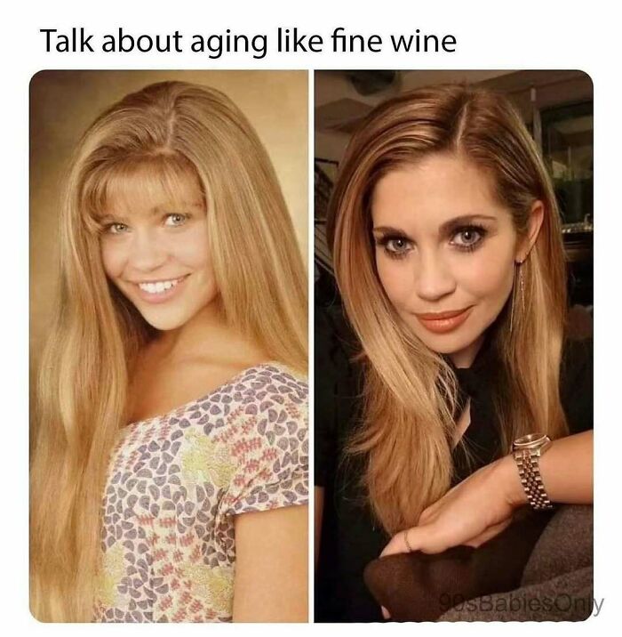 Side-by-side images of a woman then and now, illustrating aging like fine wine with 90s memes nostalgia.