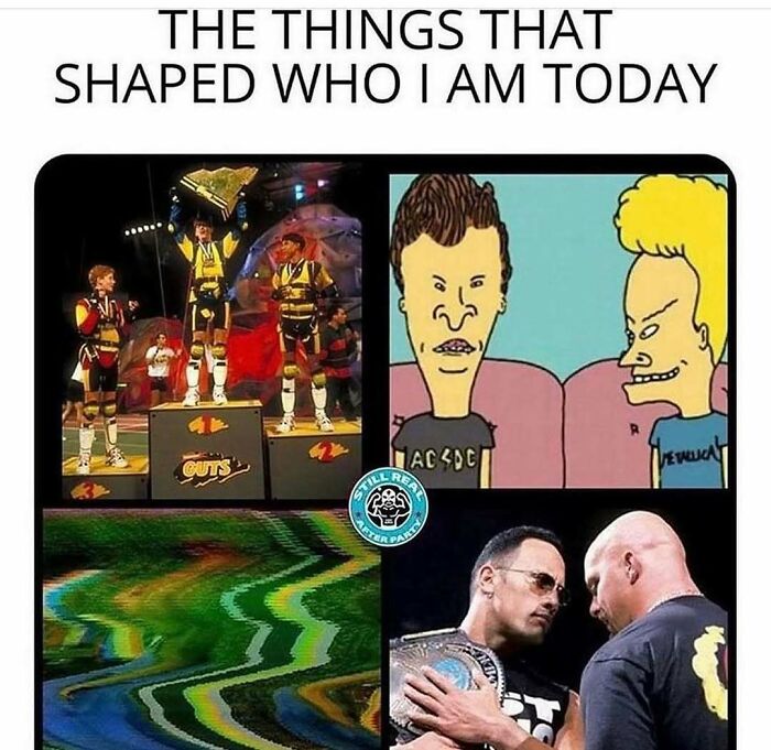 90s memes collage featuring classic Nickelodeon GUTS winners, Beavis and B**t-Head cartoon, static TV screen, and wrestling icons.