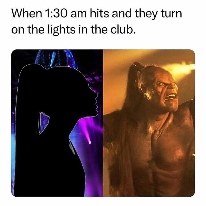 Silhouetted woman turning into fierce orc character as club lights turn on, a 90s memes nostalgia ride moment.