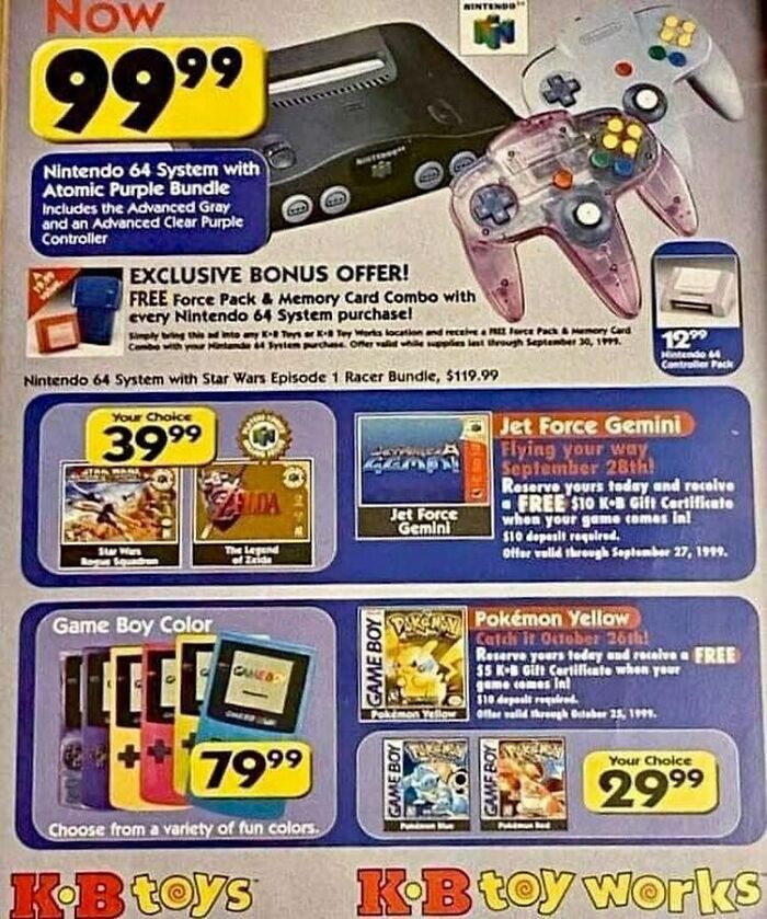 Nintendo 64 and Game Boy Color gaming consoles with classic ’90s memes and nostalgia from popular video games.