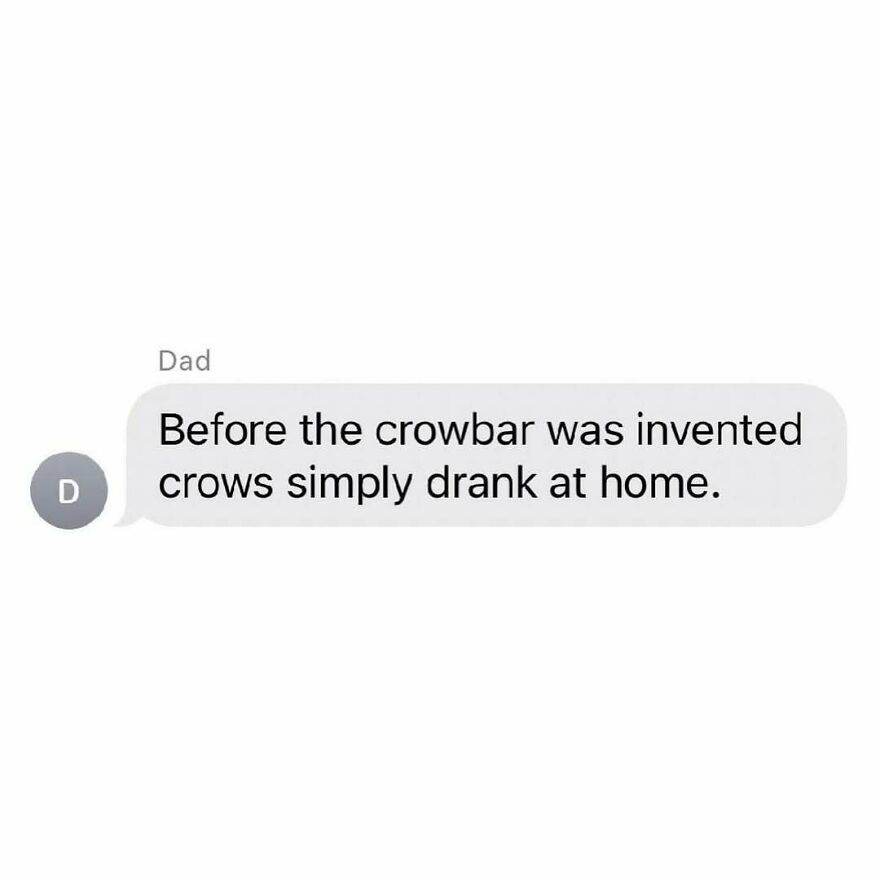 A dad joke text message: Before the crowbar was invented, crows simply drank at home. A funny bird meme.