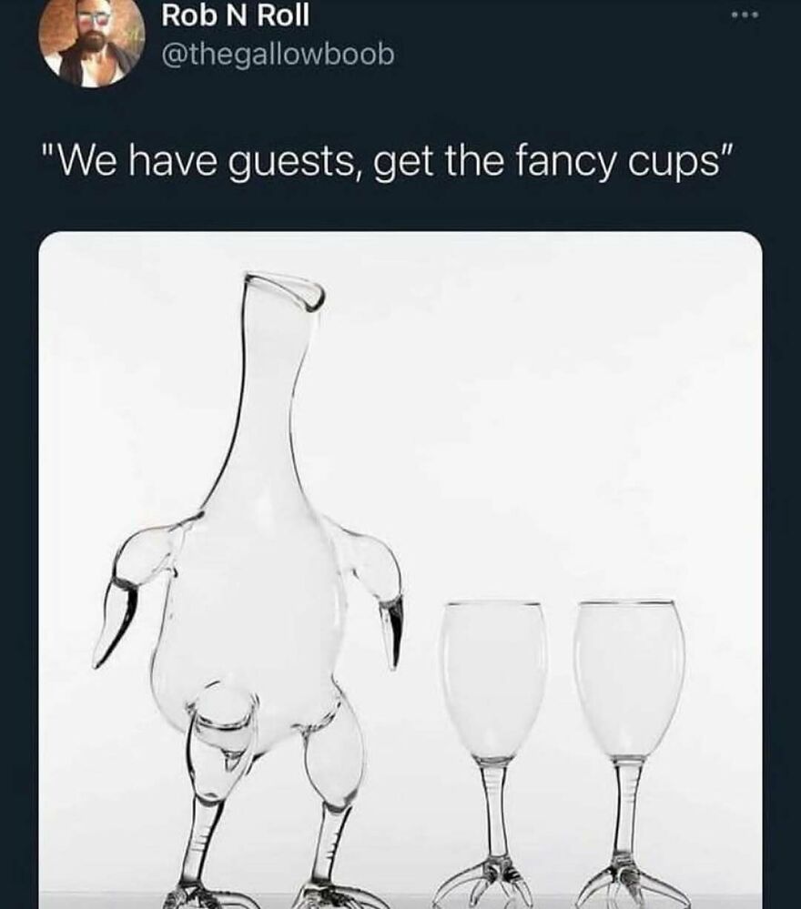 A funny bird meme shows a clear glass chicken-shaped decanter next to two wine glasses. A text overlay reads: "We have guests, get the fancy cups".