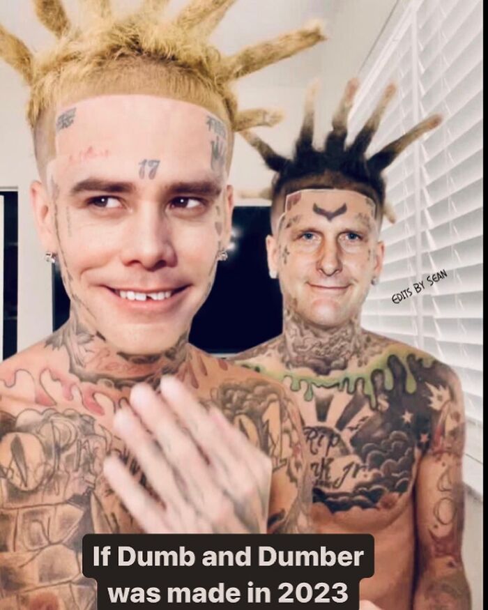 Two heavily tattooed men with 90s-style spiked hair, referencing memes from the 90s nostalgia era.