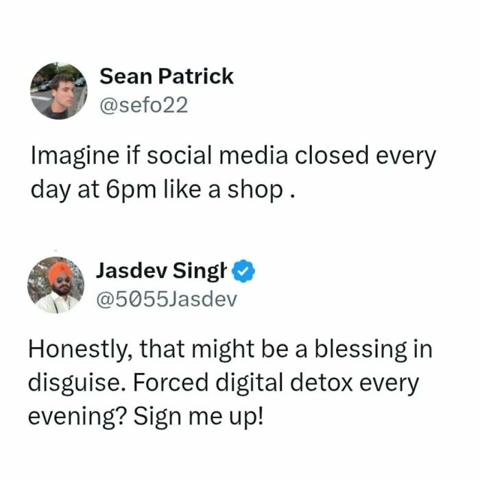 Two Twitter users discuss the idea of social media closing at 6pm, relating to relatable adulthood memes.