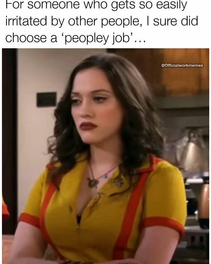 Woman with dark hair and red lipstick in a yellow and red shirt, looking unimpressed in a relatable adulthood meme.