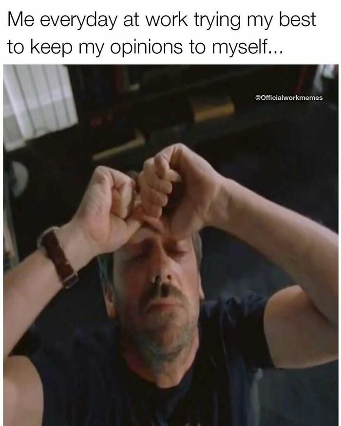 Man frustrated at work with eyes closed and hands on forehead, relatable meme about adulthood challenges and work stress.