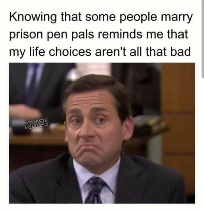 Man with a skeptical expression in a suit, paired with a relatable meme about life choices and adulthood struggles.