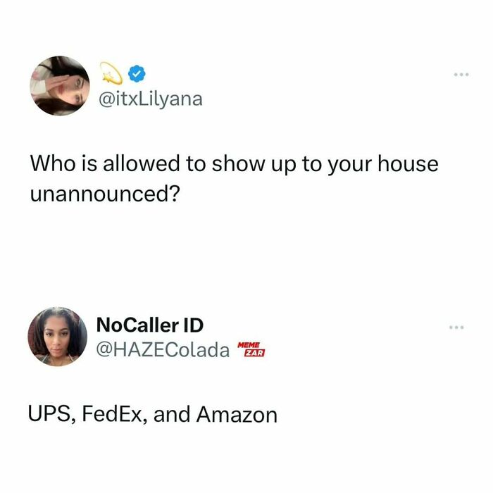 Relatable meme about adulthood showing a conversation on unexpected visitors like UPS, FedEx, and Amazon delivery.