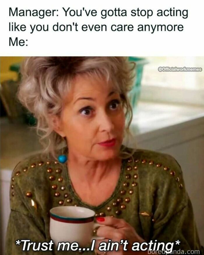 Woman holding a mug with a skeptical expression, illustrating relatable adulthood memes about work and attitude in daily life.