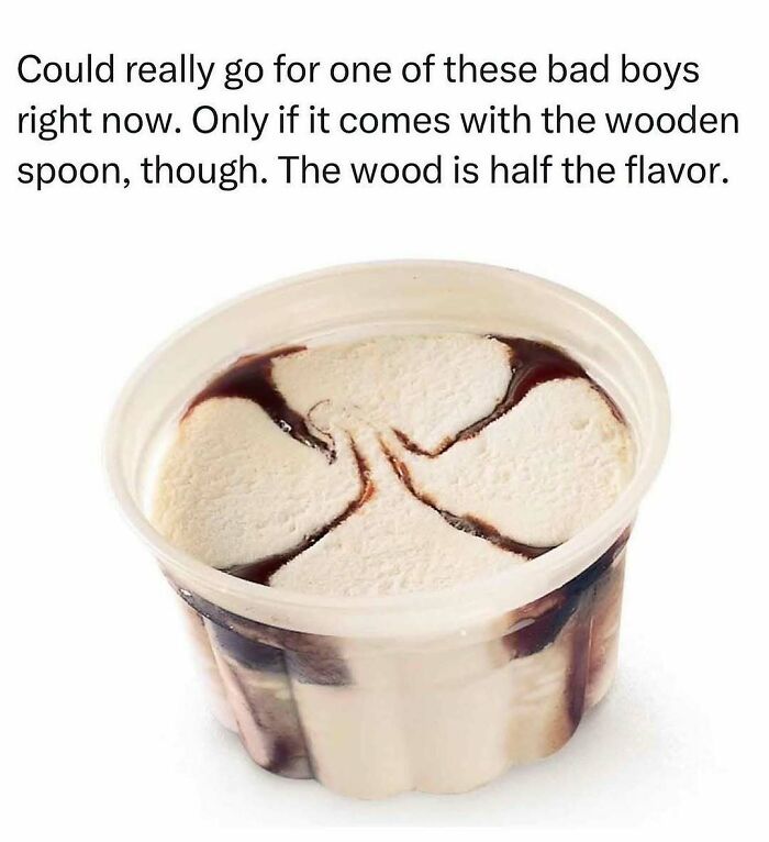 90s nostalgia meme featuring a chocolate swirl ice cream cup referencing childhood treats with a wooden spoon.