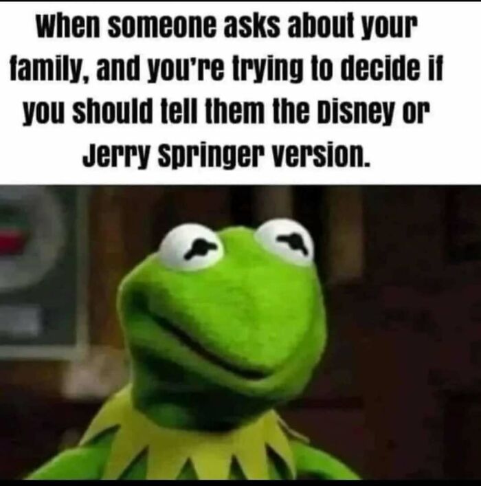 Kermit meme about relatable adulthood moments deciding how to explain family, featuring humor from popular culture references.