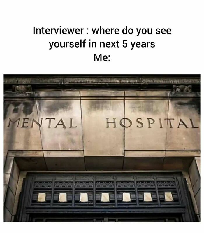 Text meme about adulthood showing a mental hospital entrance with a joke on future plans.