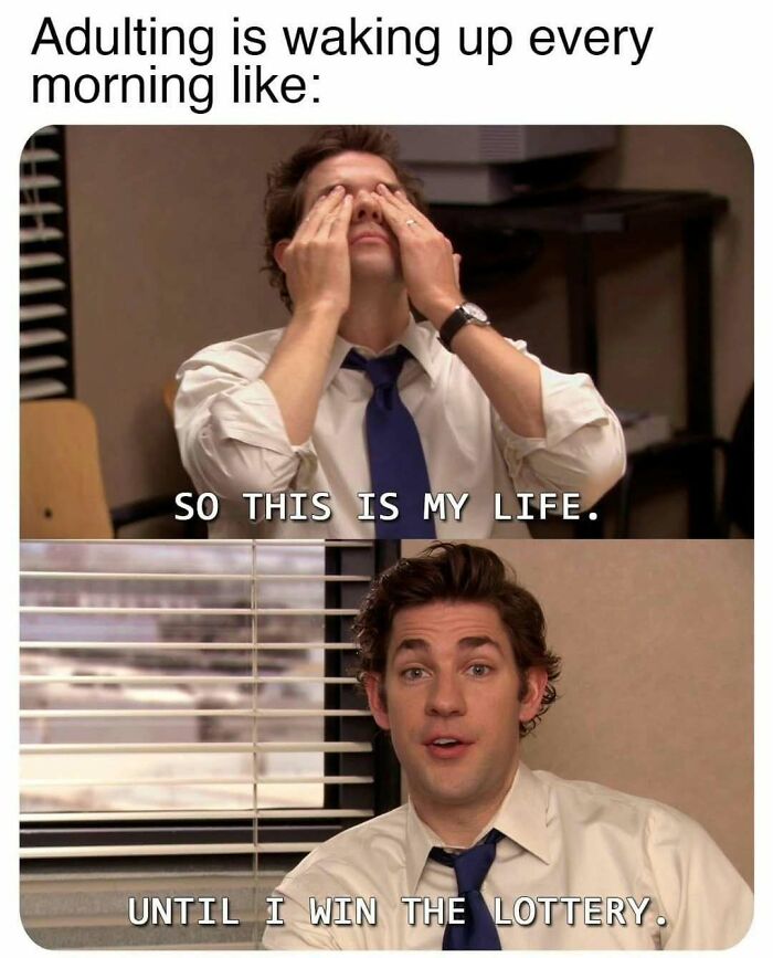 Man in a white shirt and blue tie showing frustration and hope, illustrating relatable adulting memes about waking up every morning.