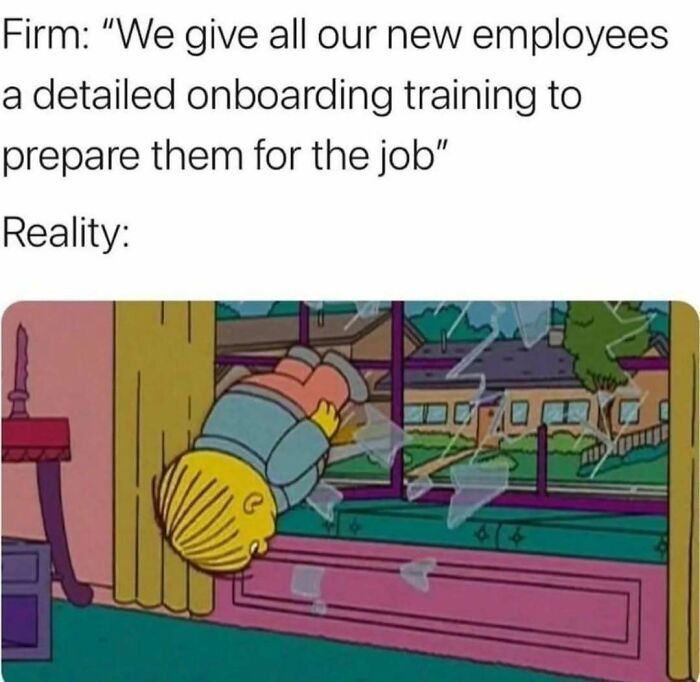 Cartoon character humorously crashing through a window, illustrating the reality of adulthood challenges and struggles.