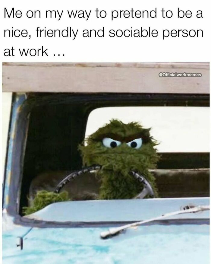 Oscar the Grouch driving a car with an angry face, relating to adulthood and work social struggles meme.