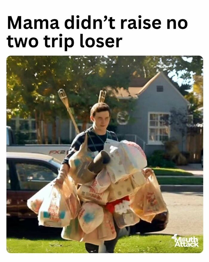Young man carrying many grocery bags struggling to balance, relatable meme about adulthood challenges and responsibilities.