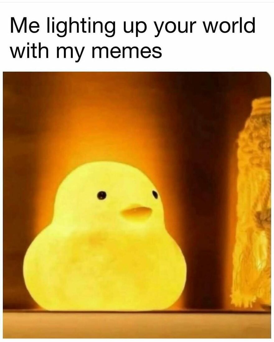 A glowing yellow duck lamp with the text: Me lighting up your world with my memes. Funny and relatable memes.