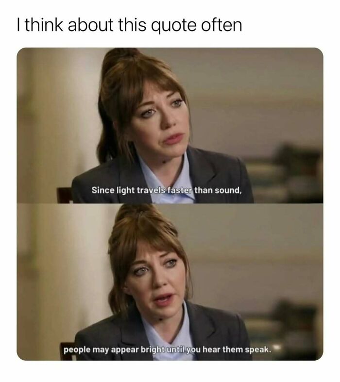 Woman in a suit sharing a relatable meme about adulthood and how people may seem bright until they speak.