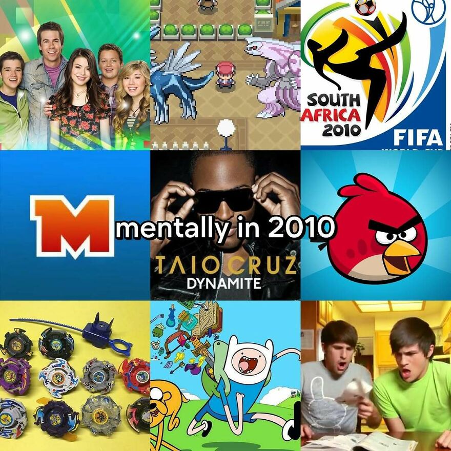 A collage of nostalgic photos capturing the vibe of growing up in the 2000s, featuring iCarly, Pokemon, FIFA 2010, Angry Birds, Taio Cruz, Beyblades, Adventure Time, and two shocked young men.