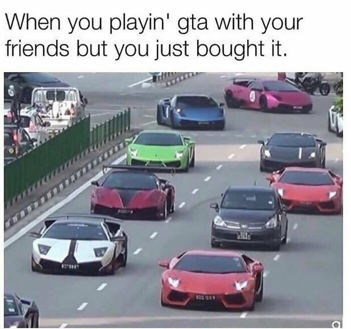 Humorous meme showing luxury sports cars with one ordinary car, illustrating unhinged and wild memes humor concept.