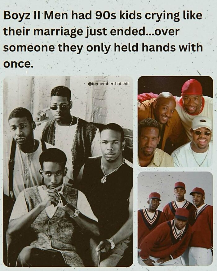 Boyz II Men 90s nostalgia collage with group photos and a humorous caption about 90s kids emotional memories.