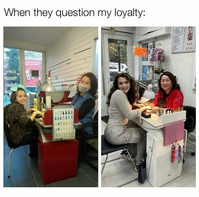 Two women and two girls at nail salons shown side by side in a wild meme about loyalty and unhinged funny moments.
