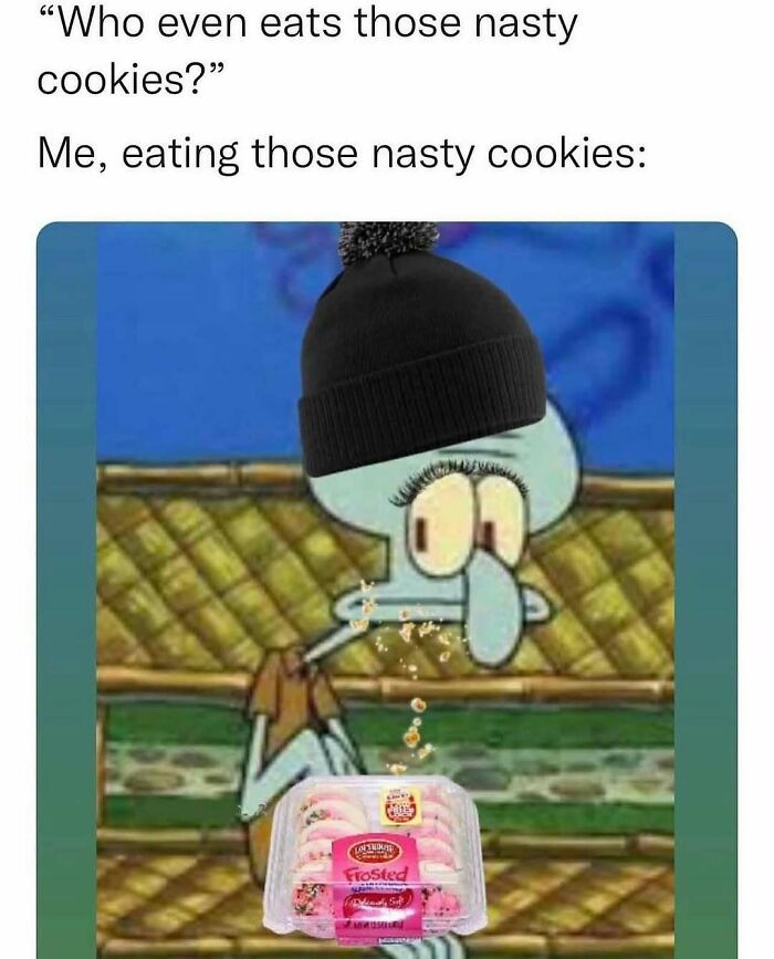 Squidward wearing a beanie eating frosted cookies with crumbs falling, humorous unhinged and wild memes concept.