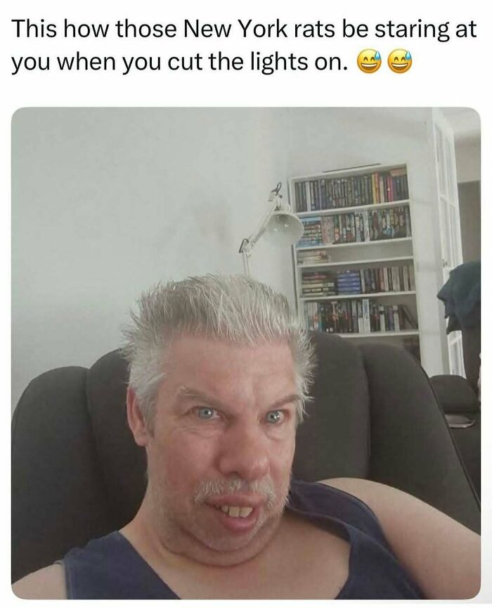 Man making a wild face in a meme about New York rats staring, showcasing unhinged and wild memes to brighten your day.