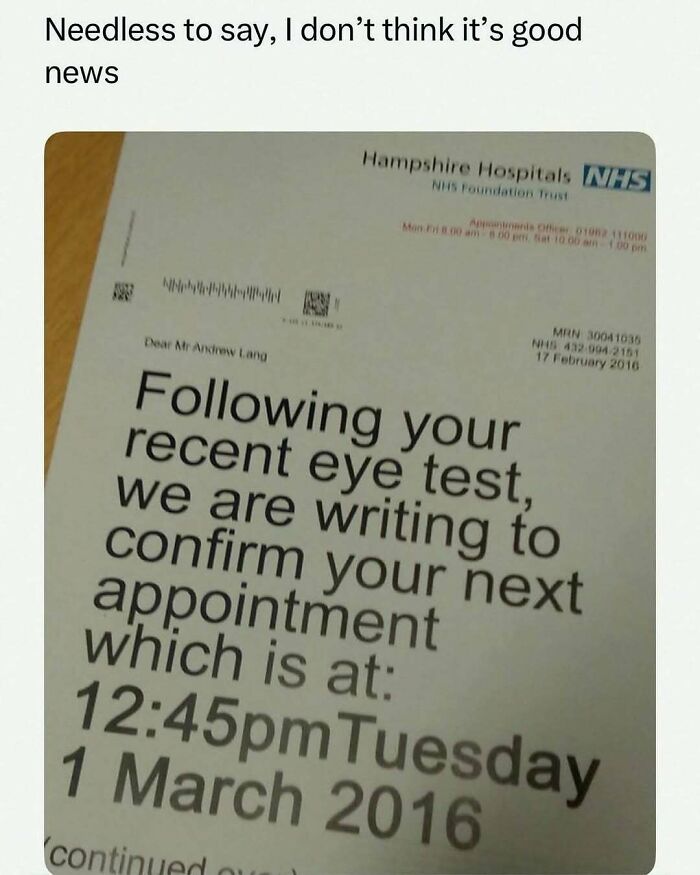 Eye test appointment letter with humor about bad news, featured in unhinged and wild memes to brighten your day.