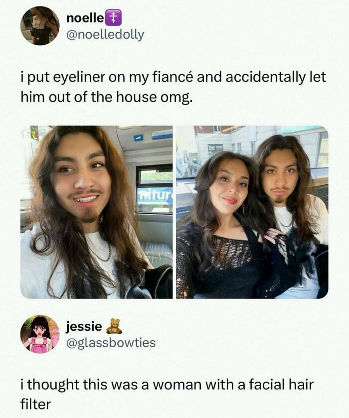 Man with eyeliner and long hair mistaken for a woman, featured in wild memes to make your day better.