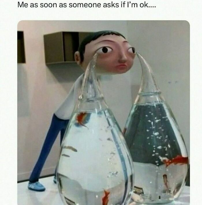 Surreal meme of a person with tears flowing like water into fish tanks, a wild meme that might make your day better.