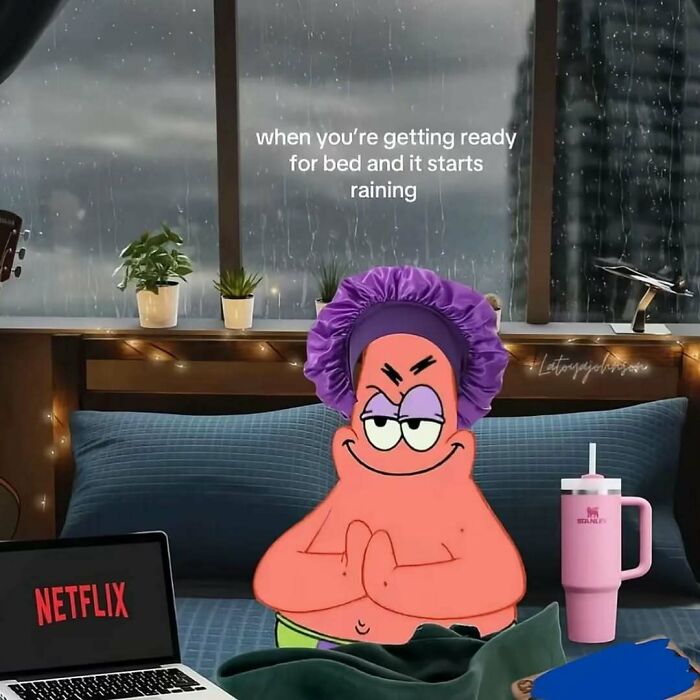 Patrick Star meme in a cozy bedroom with rain outside, perfect for meme scrolling and relaxing with Netflix.