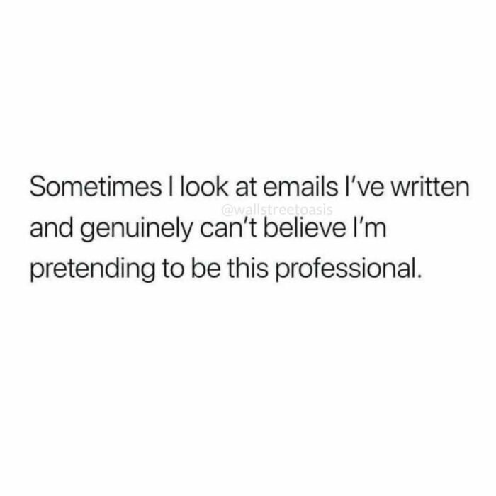 Relatable meme about adulthood showing disbelief at pretending to be professional in emails.