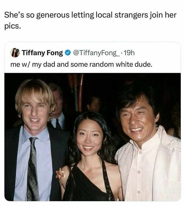 Meme showing a humorous tweet about a photo with strangers, part of unhinged and wild memes to brighten your day.