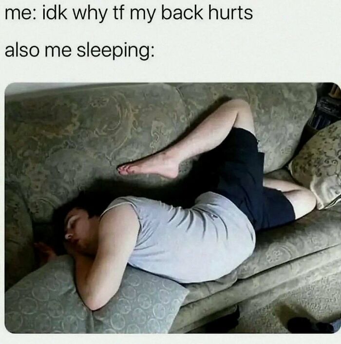 Man sleeping on couch in an awkward position, illustrating unhinged and wild memes that might make your day better.