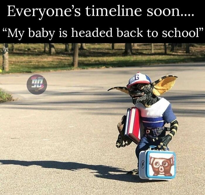 90s meme featuring a creature in a school outfit holding books and a lunchbox with a nostalgic vibe.