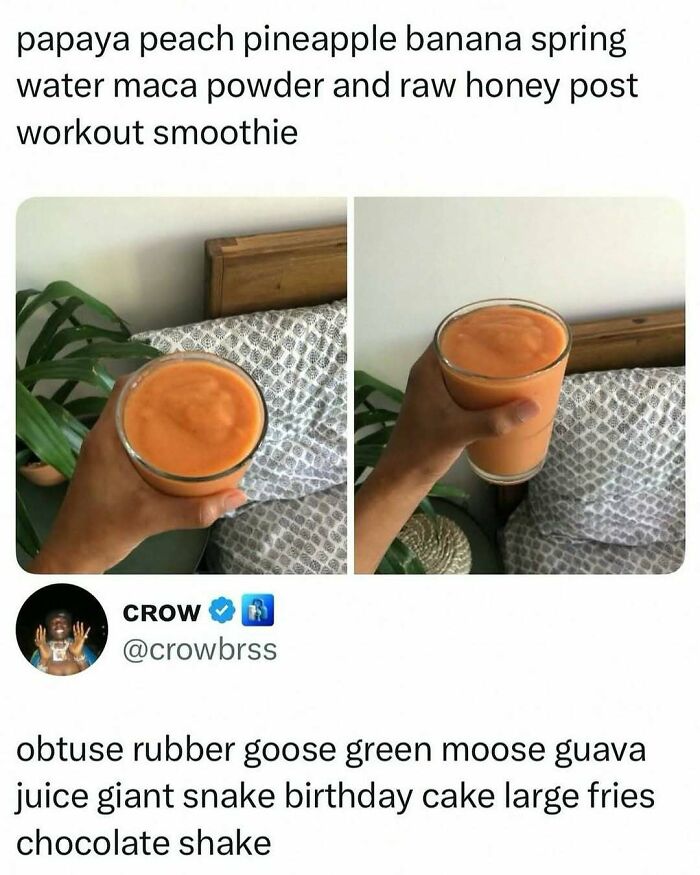 Hand holding a glass of orange smoothie with funny ingredient lists in a wild meme for lighthearted content and laughs.