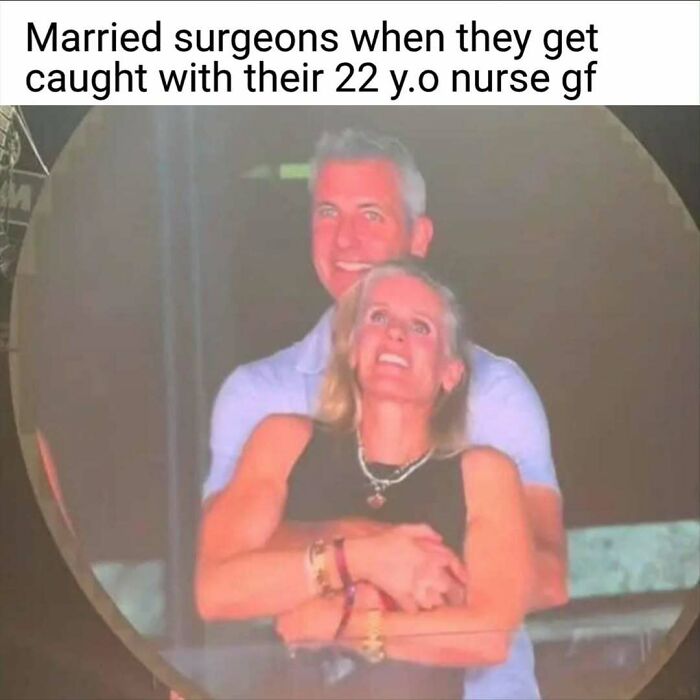 A man embraces a woman with a strained smile; a relatable nurse meme on hospital life and difficult situations.