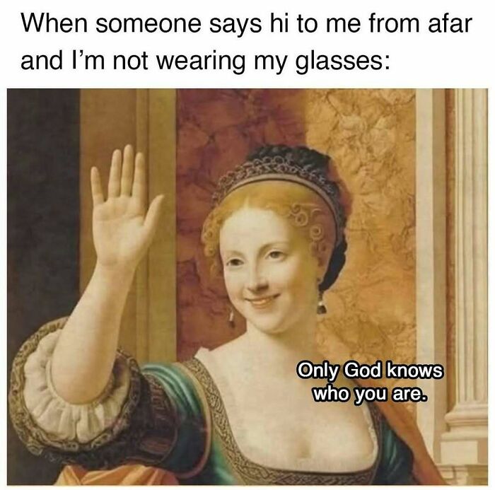 Renaissance painting meme with woman awkwardly waving, illustrating unhinged and wild memes to brighten your day.