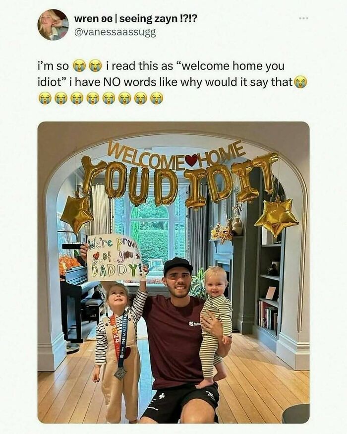 Family celebrating with gold balloon letters spelling YOUDIDIT under a welcome home sign in a wild and unhinged meme style.