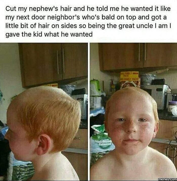 Boy with unhinged and wild haircut matching a neighbor's bald top with hair on the sides, showing a funny meme moment.